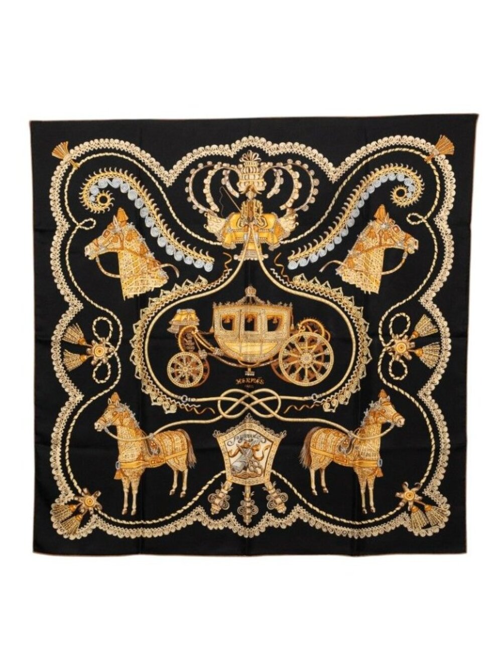 Hermes Carre 90 Paperoles Carriage and Nobility Scarf Black Multicolor Silk